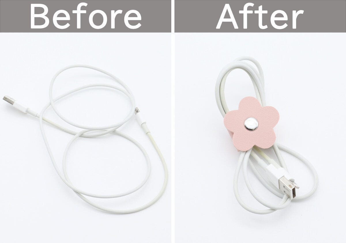 ダイソーフラワーフェイクレザーケーブルクリップビフォーアフター