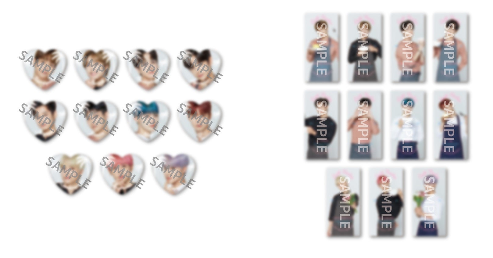 ランダムハート缶バッジ（全11種）600円（税込）、ランダムクリアシート（全11種）500円（税込）／画像提供：レッグス