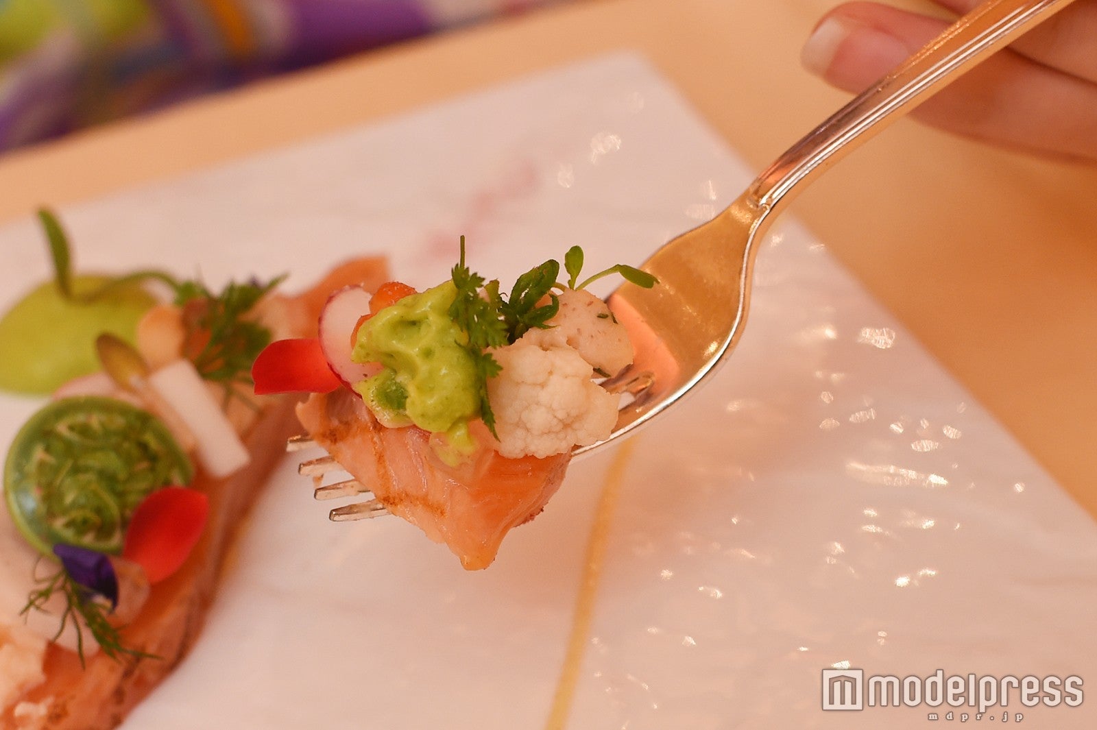 桜の香るサーモンのグリルマリネ　ズッキーニのエスプーマ添え ハニーマスタードソース（C）モデルプレス