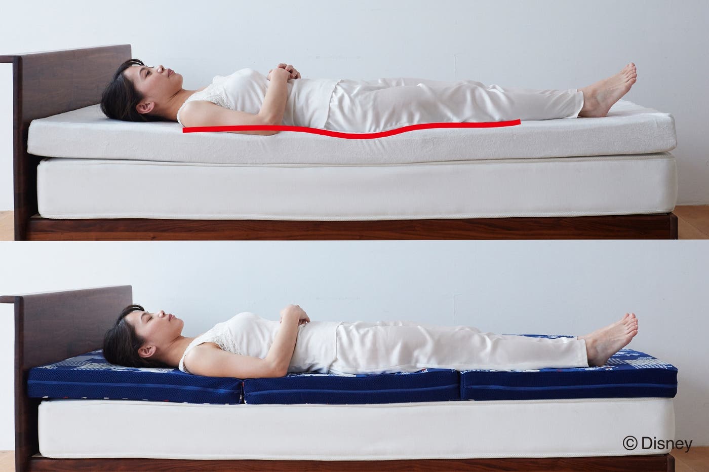 上:腰が沈んでしまうと身体の一ヶ所に負担が集中 下:高反発なら理想的な寝姿勢をキープ