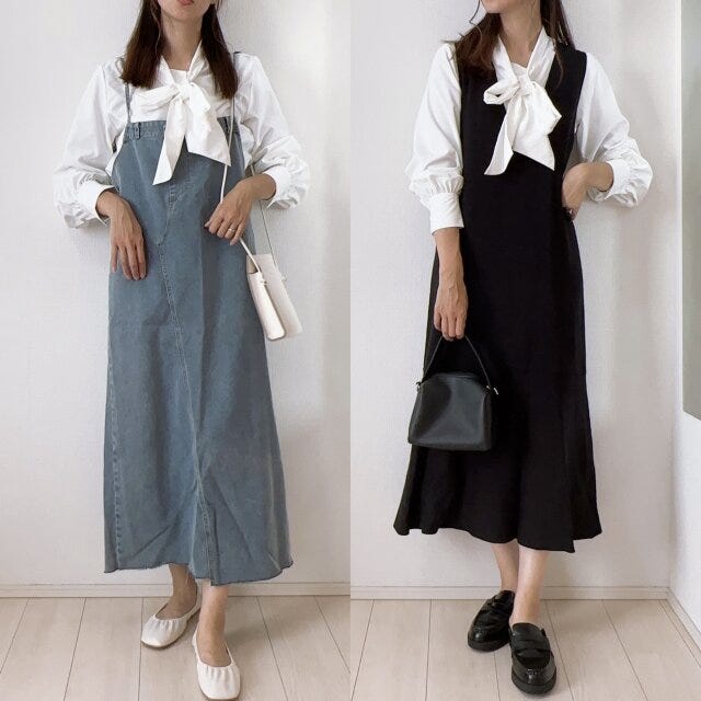 ビッグボウタイブラウス　キャミソールワンピース　コーデ