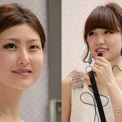 イベントでは、「saita」読者モデル（左）に半顔メイクを生施術した桃（右）