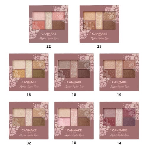 (上段左から)「パーフェクトスタイリストアイズ 22 アプリコットピーチ」「同 23 アーモンドカヌレ」(中段左から)「同 16 ダブルサンシャイン」「同 18 ビタースウィートメモリー」「同 19 アーバンコッパー」(下段左から)「同 02 ベビーベージュ」「同 10 スウィートフラミンゴ」「同 14 アンティークルビー」※02・18・19・23は新色としてリニューアル(画像提供:株式会社井田ラボラトリーズ)