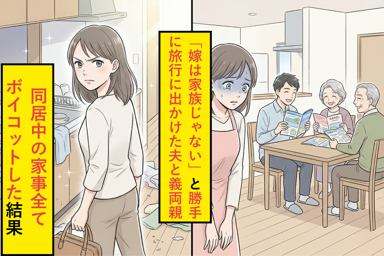 「嫁は家族じゃない」と勝手に旅行に出かけた夫と義両親→同居中の家事全てボイコットした結果