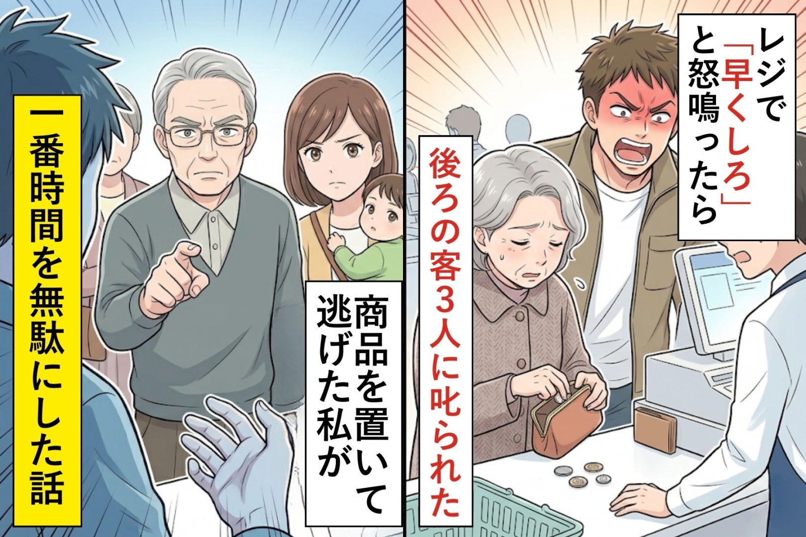レジで「早くしろ」と怒鳴ったら後ろの客３人に叱られた→商品を置いて逃げた私が一番時間を無駄にした話