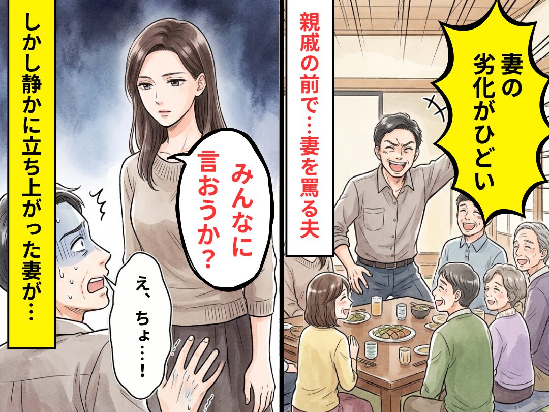 親戚の前で「妻の劣化がひどい」大声で罵る夫。しかし直後⇒静かに立ち上がった妻が「みんなに言おうか？」夫「え、ちょ…！」