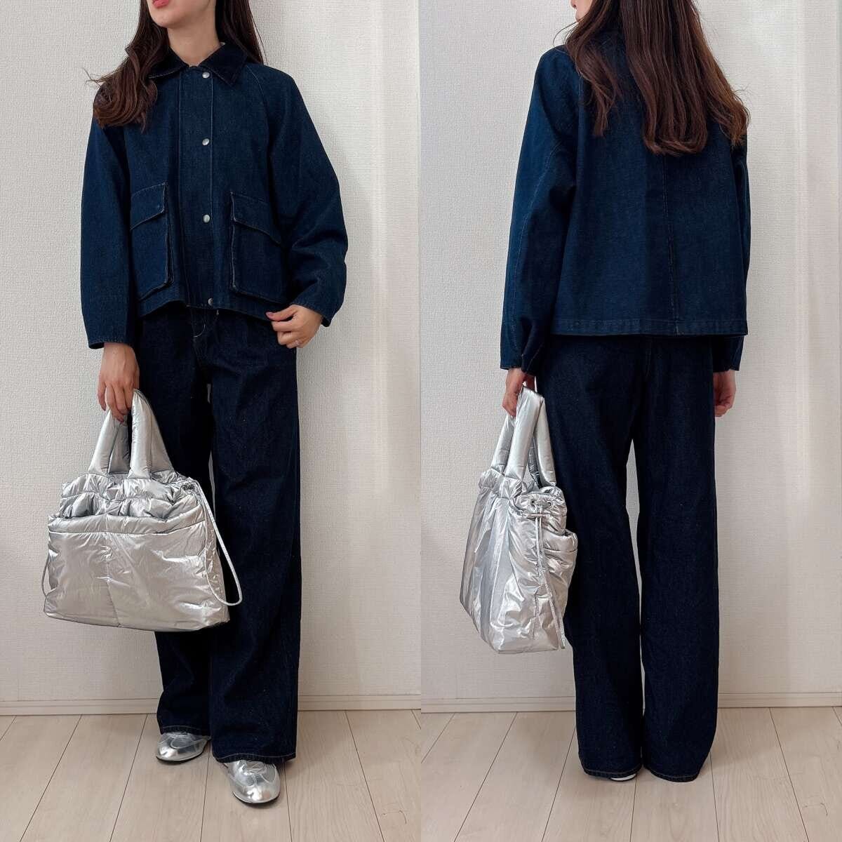 ユニクロ　ユーティリティショートジャケットデニム　ネイビーデニムセットアップ風コーデ