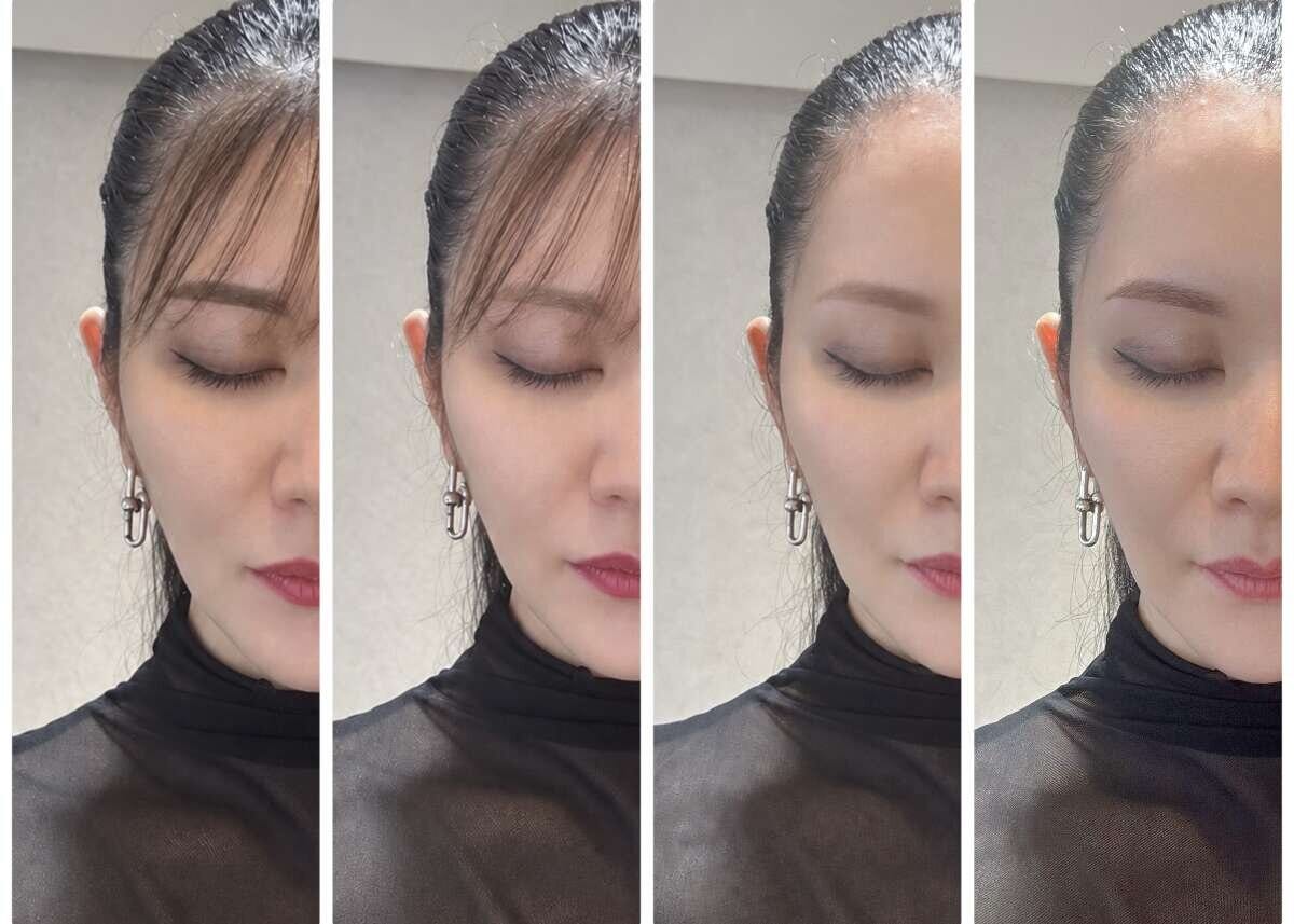 前髪ありと前髪なしの4つの状態を比較している女性の顔の分割写真 前髪ありと前髪なしの4つの状態を比較している女性の顔の分割写真