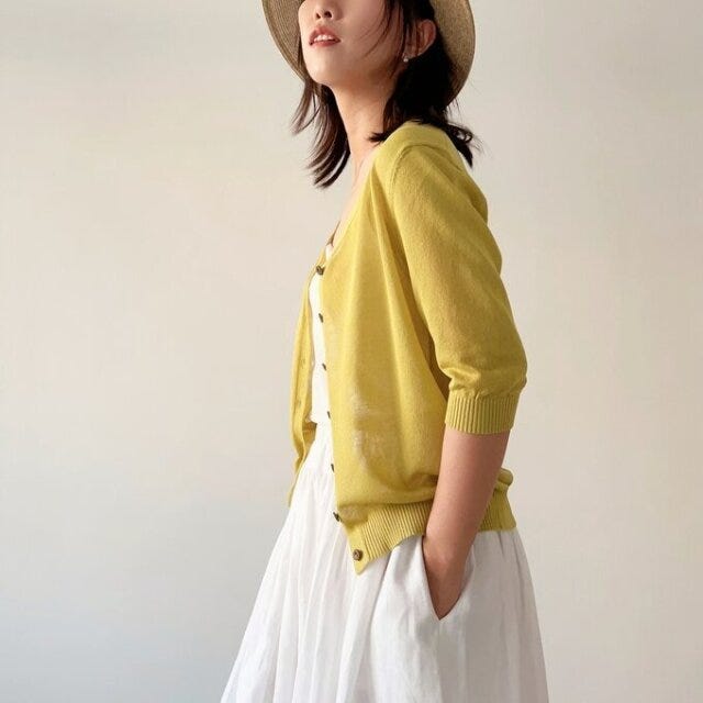 minne　冷房対策　夏　ファッション　【夏の羽織り❀紫外線・冷房対策に◎5色入り】七分袖丈/Vネックカーディガン*C-35RDイエロー