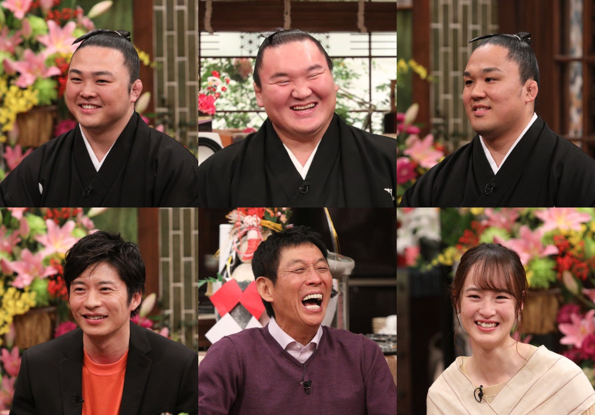 （左上から時計回りに）炎鵬、白鵬、石浦、藤田菜七子、明石家さんま、田中圭（C）カンテレ