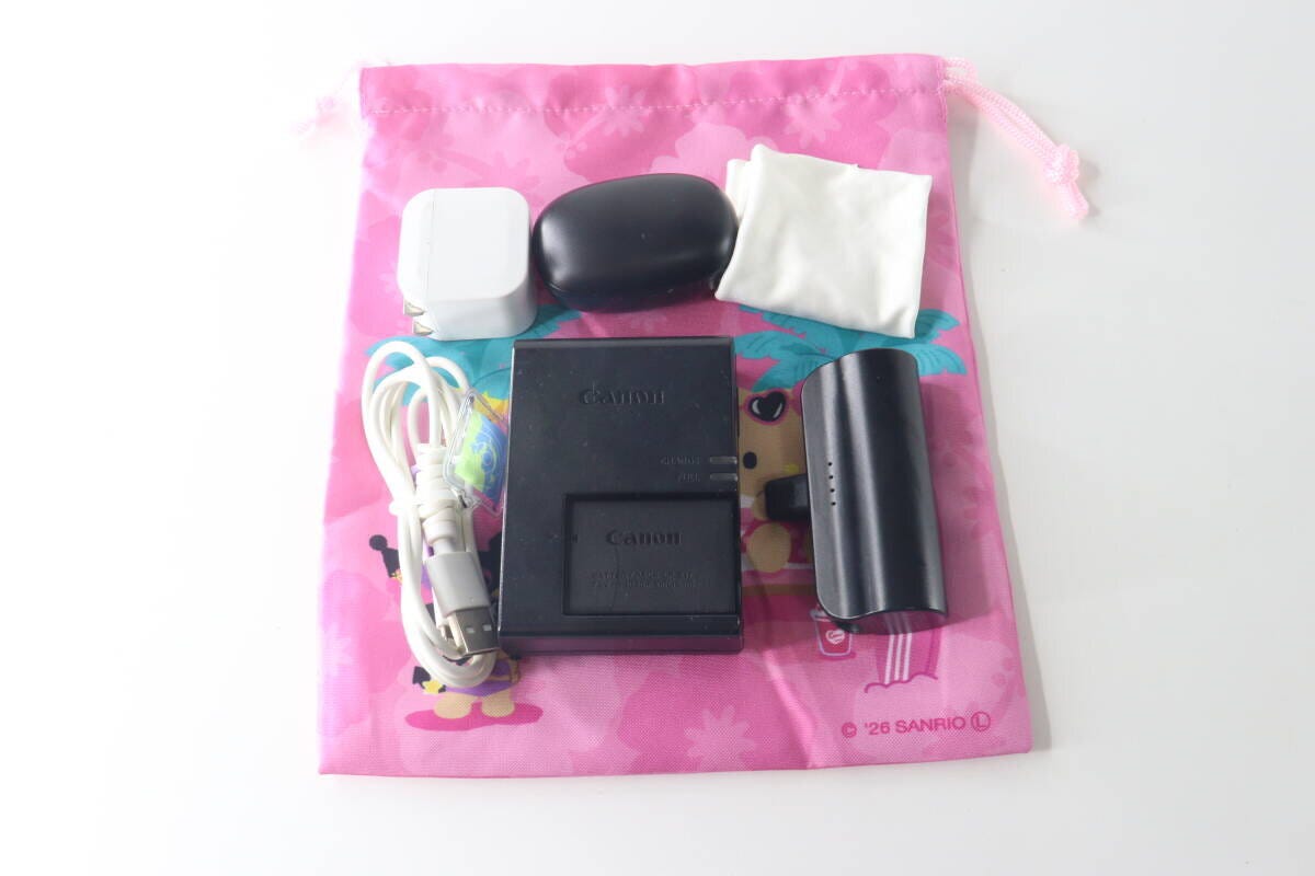 ピンク色の巾着袋の上に、充電器、ケーブル、ワイヤレスイヤホンなどのガジェット類が並べられている