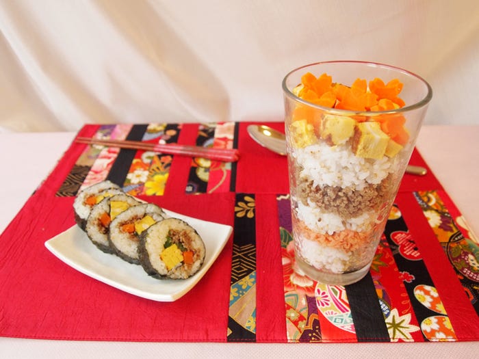 「巻き寿司 → カラフル三色丼」