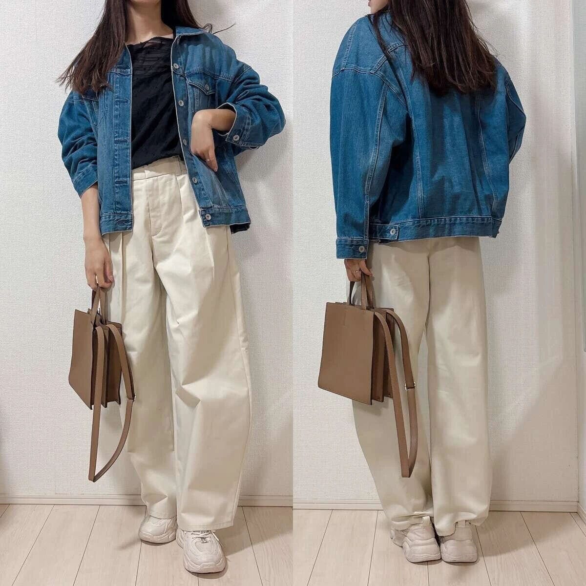 guチノタックバレルパンツナチュラルデニムジャケットカジュアルコーデ