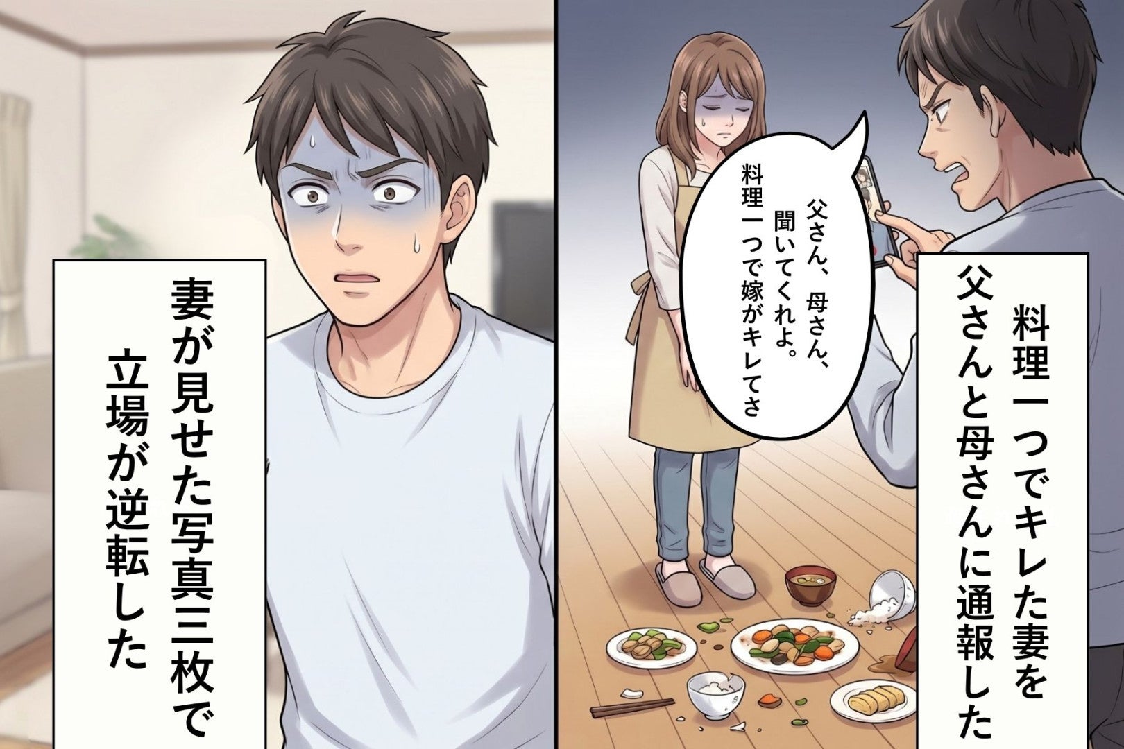 料理一つでキレた妻を父さんと母さんに通報した俺→妻が見せた写真3枚で立場が逆転した話