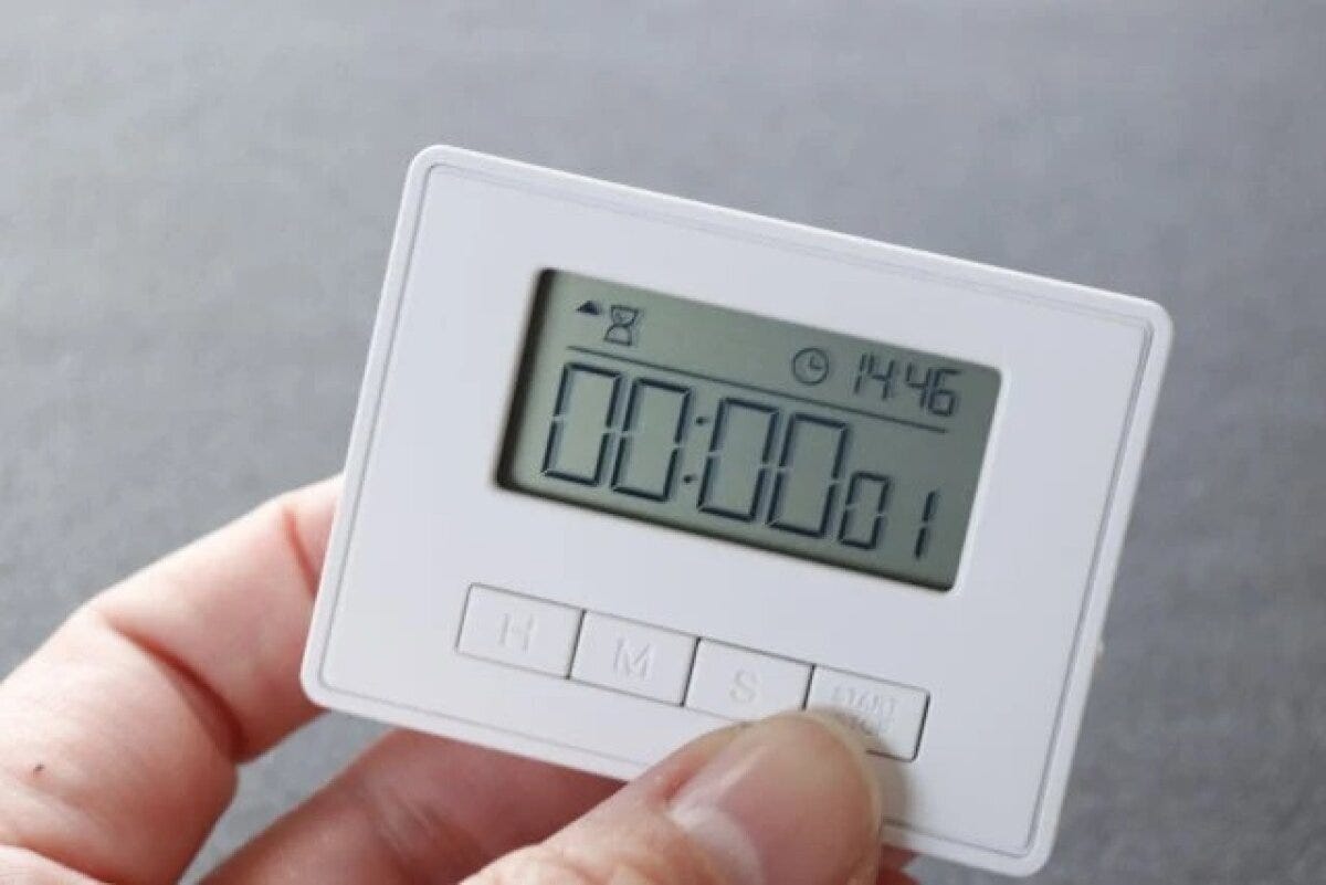 白いキッチンタイマーのボタンを指で押している手元 白いキッチンタイマーのボタンを指で押している手元