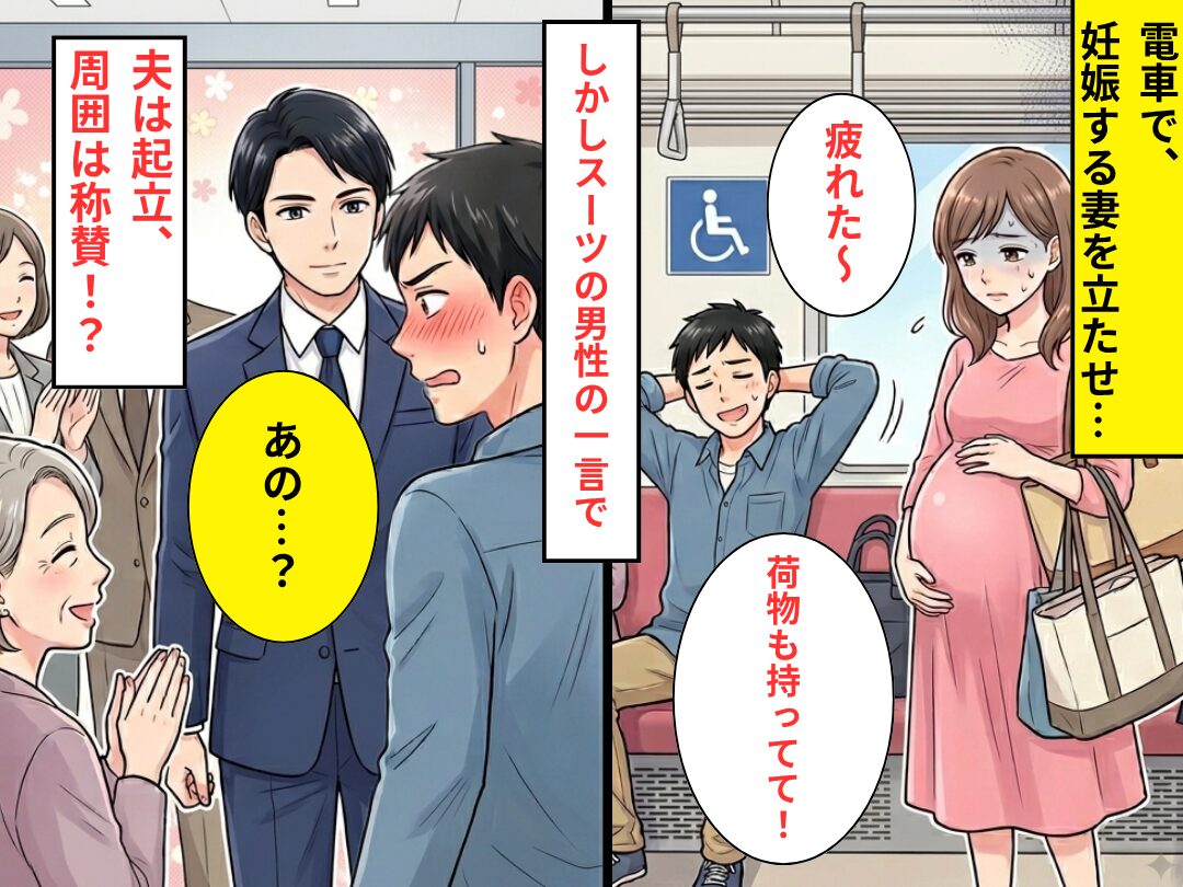 電車で…妊娠する妻を立たせ、荷物持ちさせる夫。しかし⇒スーツの男性の【ある一言】で、夫は起立！周囲は称賛！？