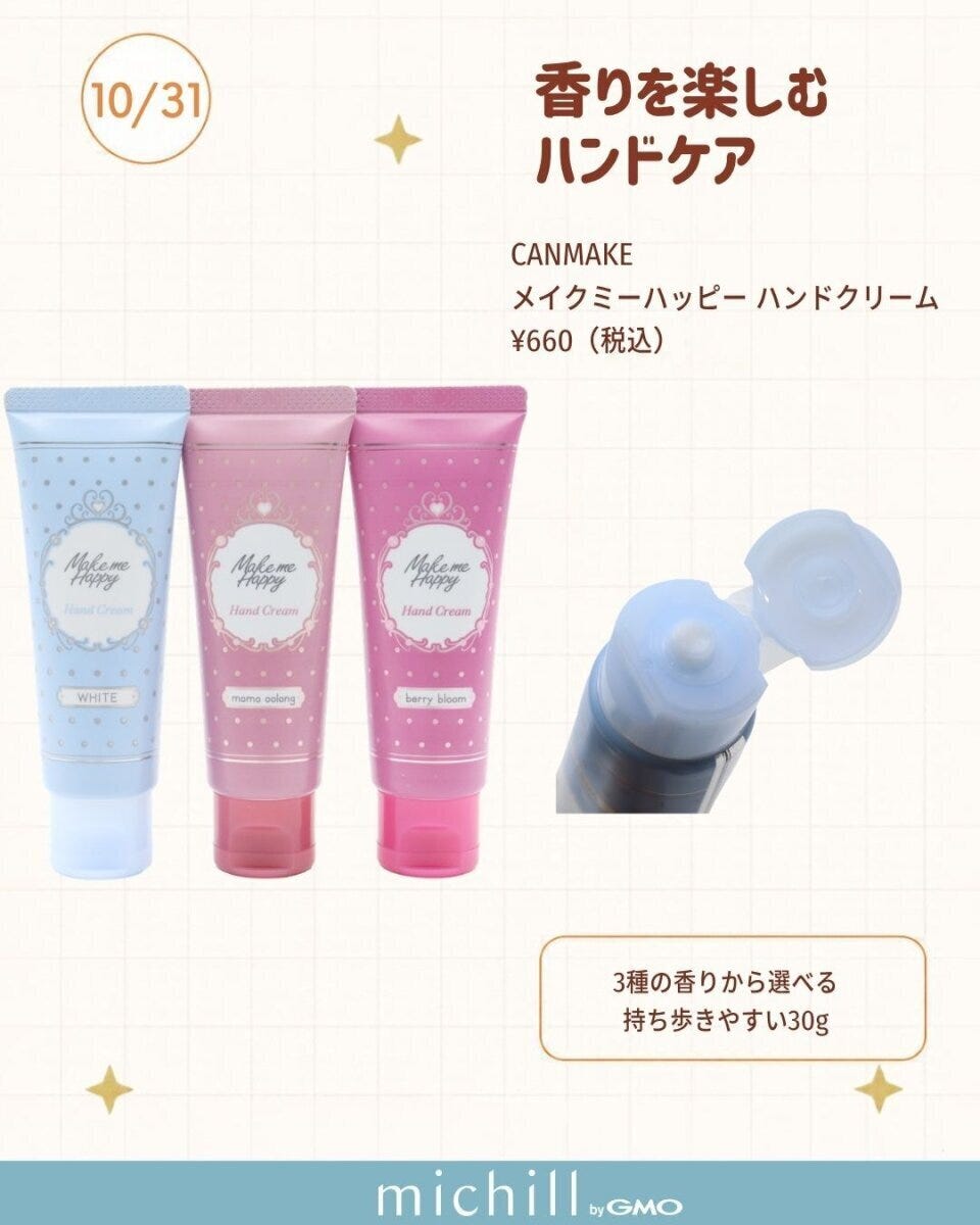 CANMAKEメイクミーハッピーハンドクリーム3色のチューブと中身を出している様子