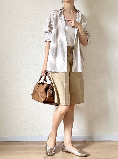 無印良品　ストレッチチノハーフパンツ　シャツ　ラフ　コーデ