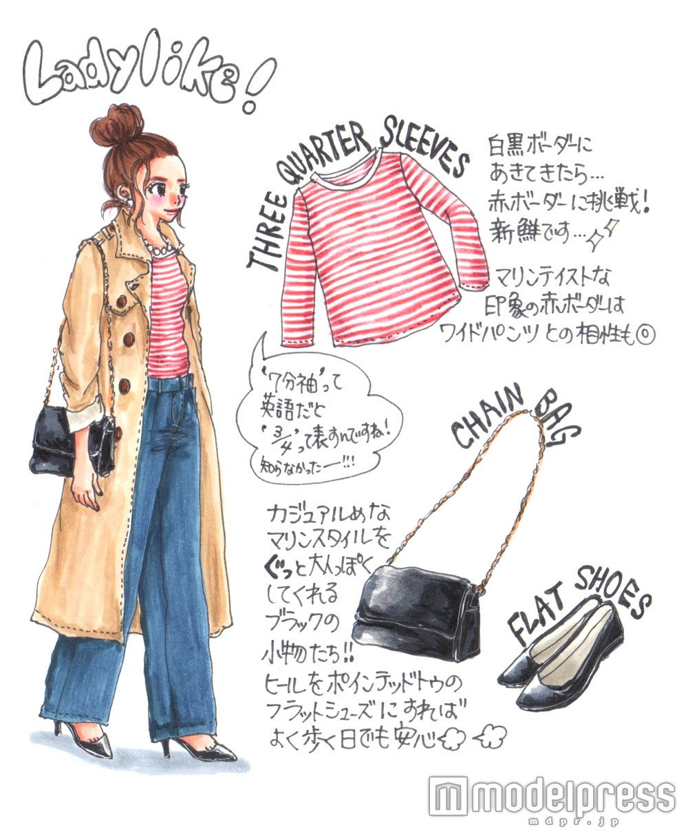 赤ボーダーのマリンスタイル+ブラック小物で「いい女風」コーデ