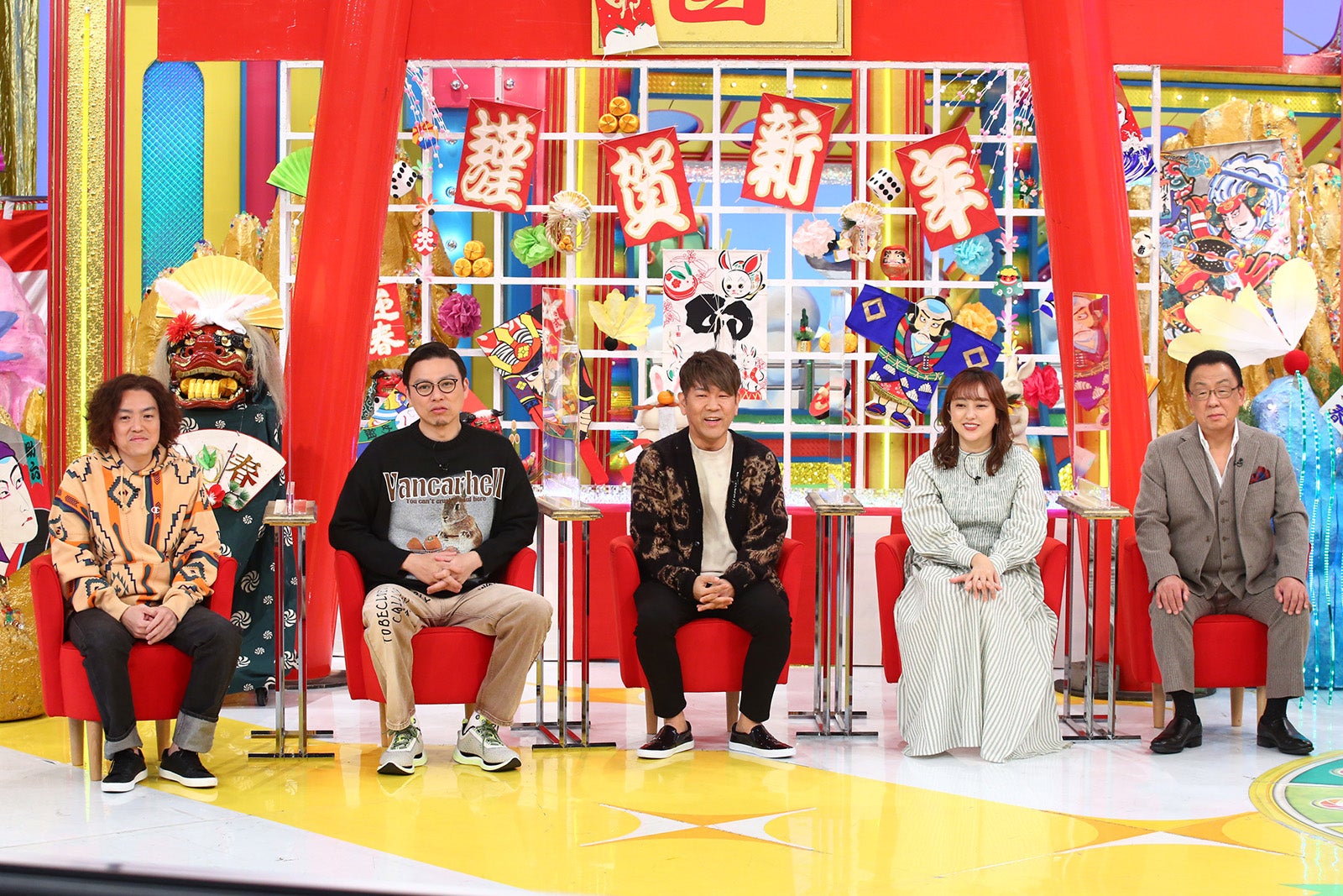 （左から）よじょう、奥田修二、藤本敏史、菊地亜美、梅沢富美男 （C）カンテレ