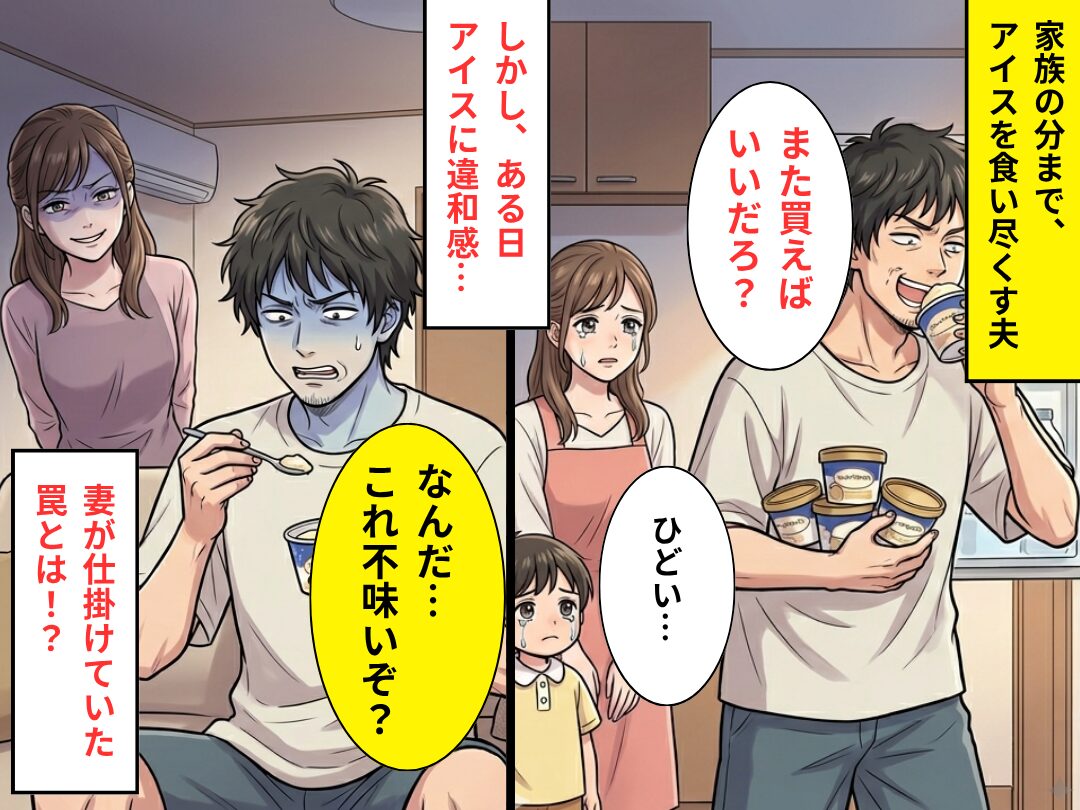 冷凍庫にある家族の【アイス】も食い尽くす夫。しかし⇒妻の罠にかかっていて…「なんだ…これ？変な味？」真っ青に！？