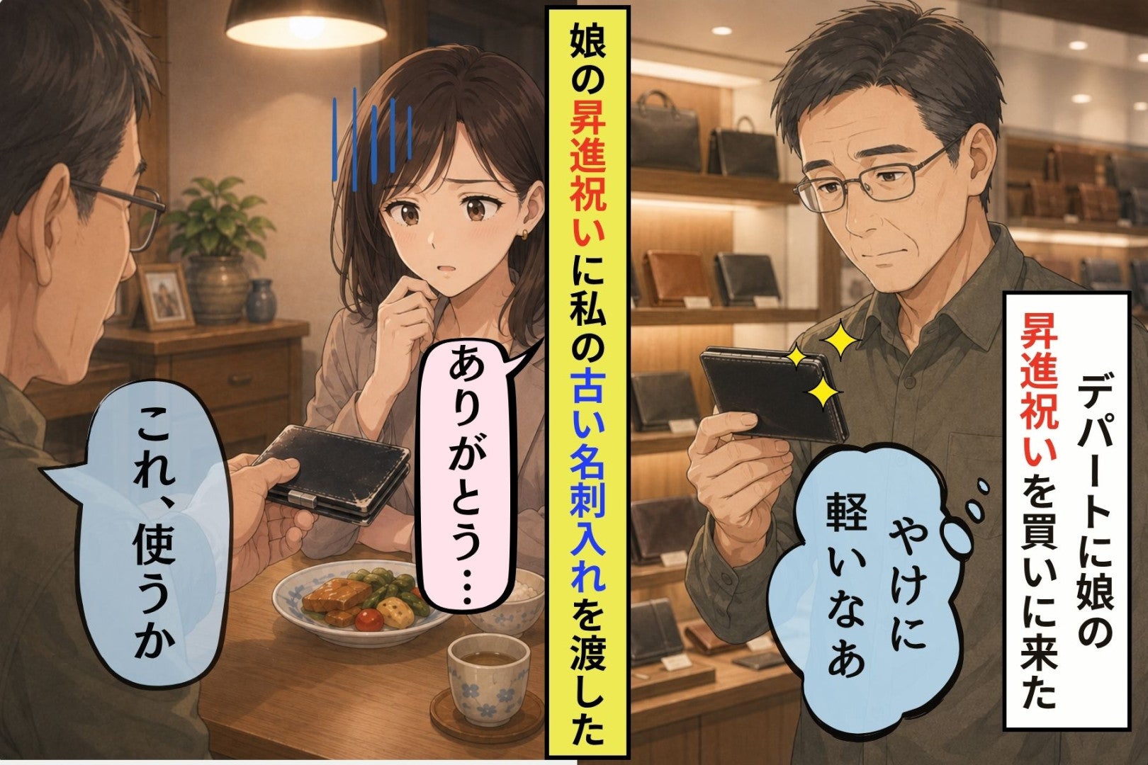 娘の昇進祝いを買いに出た俺が、新品を棚に戻して使い古しを渡した理由