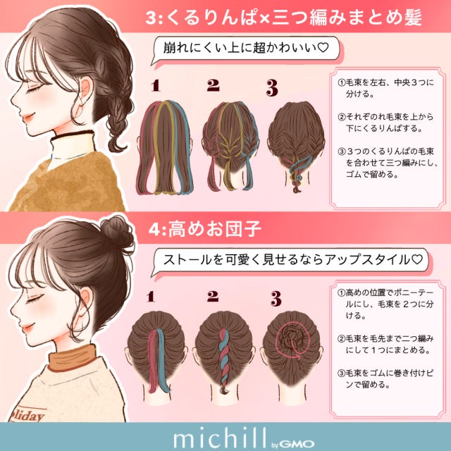 今っぽ見え　垢抜けヘアアレンジ　冬ファッション　kyoko.　イラスト　くるりんぱ×三つ編みまとめ髪　高めお団子