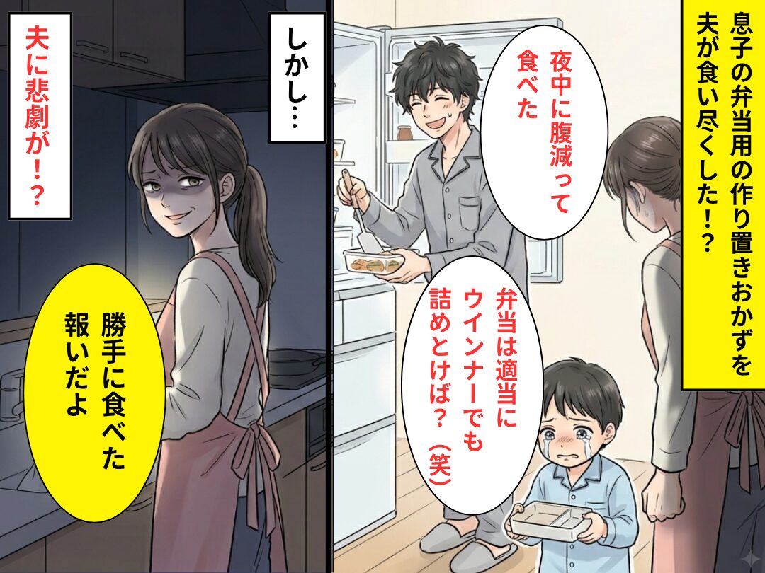 息子のための…“作り置きおかず”を夫が食い尽くし。しかし翌日⇒妻「勝手に食べた報いだよ」夫に悲劇が！？