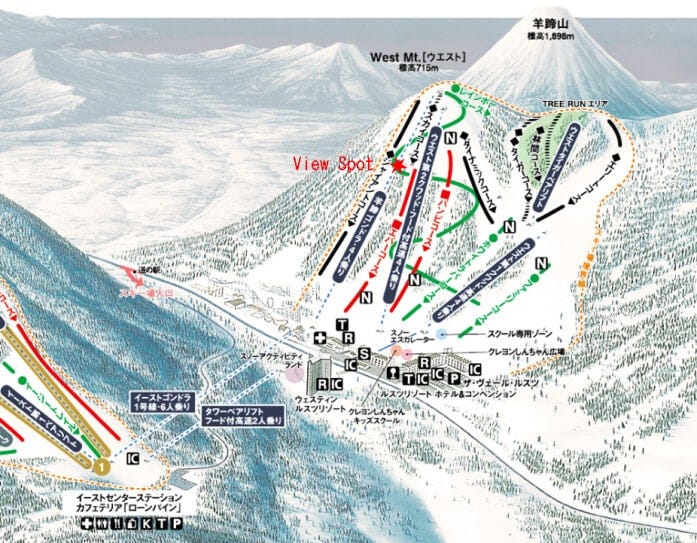 ウエストのコースマップとビュースポット（★表示）