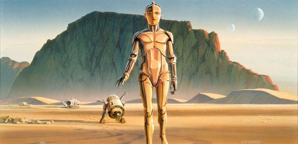 Ralph McQuarrie, production painting for Star Wars Episode IV: A New Hope (Artoo and Threepio leave the pod in the desert), January 31, 1975, Lucas Museum of Narrative Art, Los Angeles, (C) and TM Lucasfilm Ltd. 2020 All Rights Reserved. Used with permission.