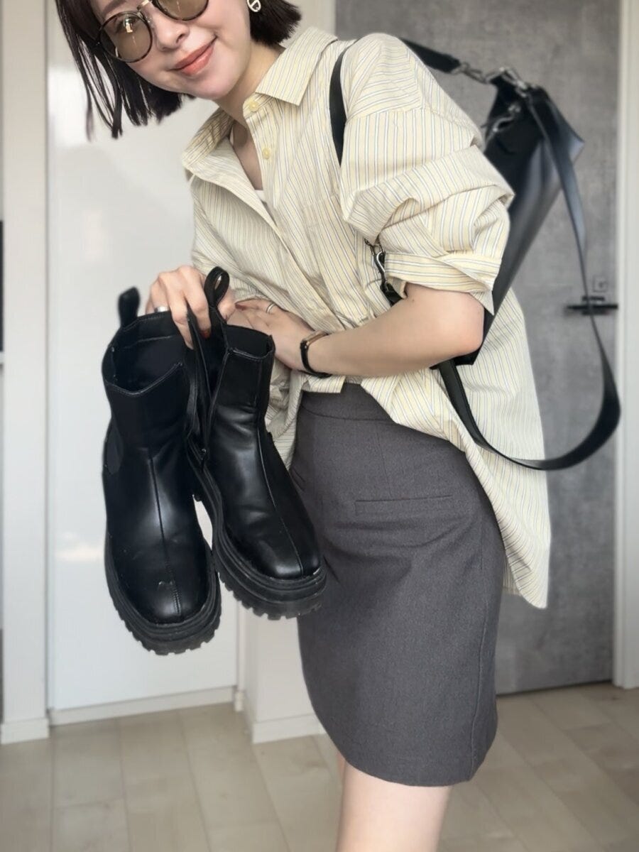 GUドルマンスリーブストライプシャツ GUドルマンスリーブストライプシャツとミニスカートコーデ