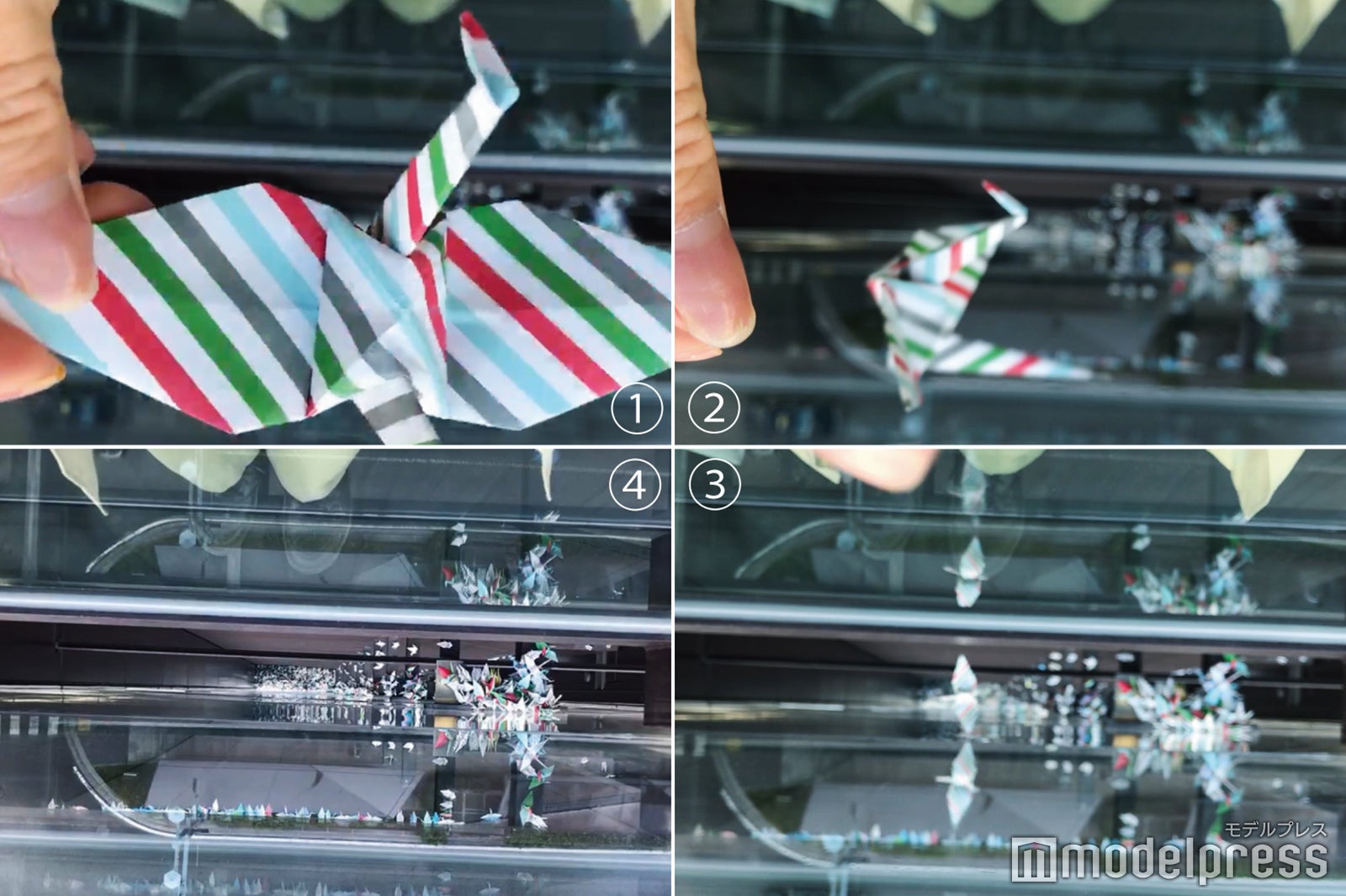 ガラス張りの空間から折り鶴を落とすとどんどん下から積み重なっていくコンセプト（C）モデルプレス