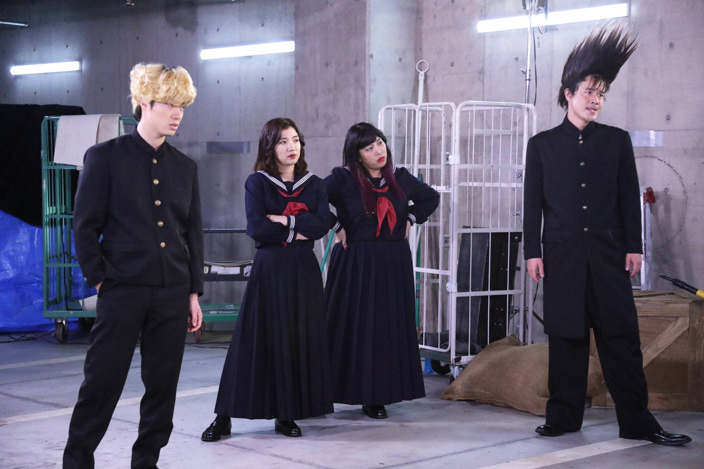 今日から俺はな！！／（左から）石橋遼大（四千頭身）、福田麻貴（3時のヒロイン）、ゆめっち（3時のヒロイン）、シュウペイ（ぺこぱ）（C）フジテレビ