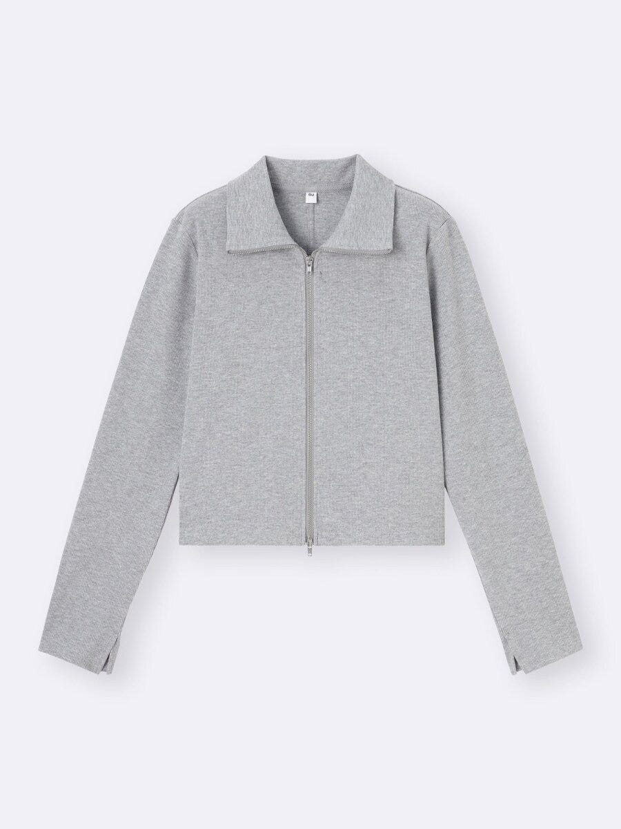 2026guレディースグレーリブダブルジップカーディガン