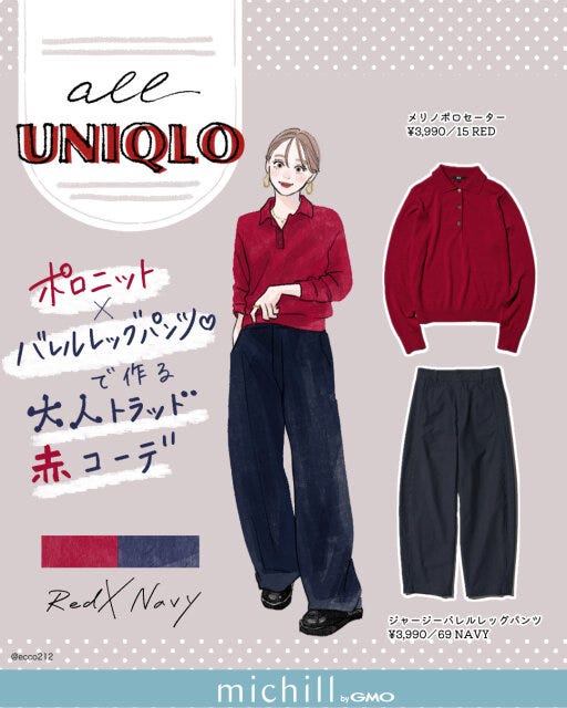 赤ポロセーター×ネイビーパンツのトラッドコーデ 2025秋冬オールユニクロ赤ポロセーター×ネイビーパンツのトラッドコーデ