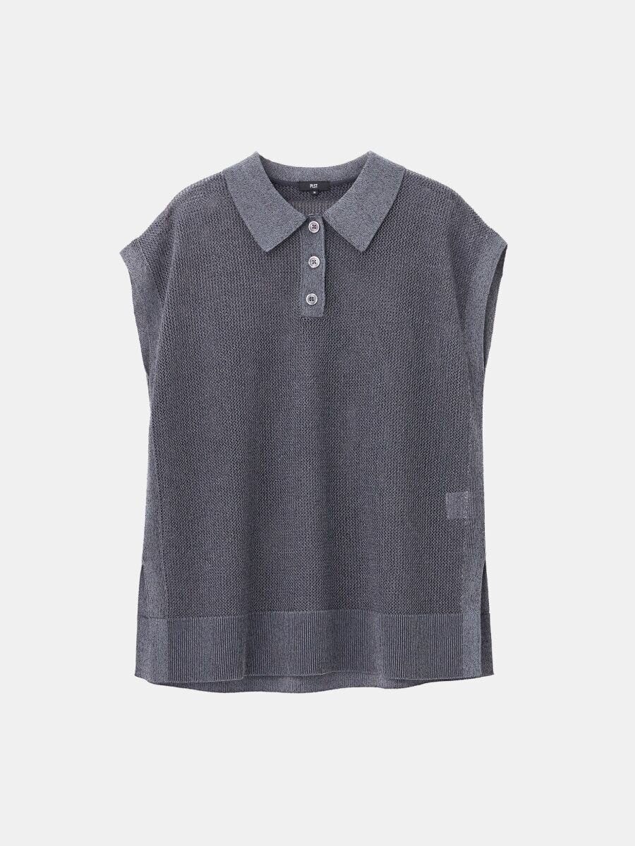 PLSTのラメメッシュノースリーブポロセーター