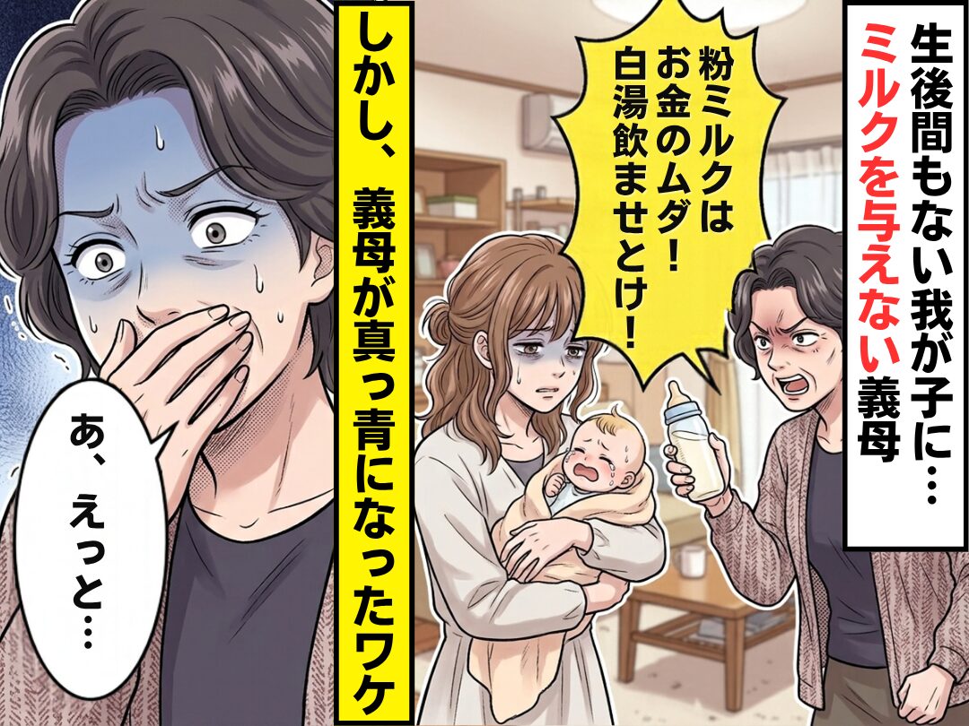 生後間もない我が子に…義母「ミルク代は無駄！白湯飲ませとけ！」しかし⇒「あ、えっと…」義母が真っ青になったワケ