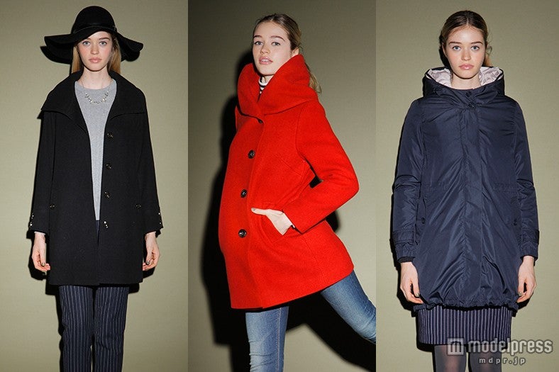 注目若手デザイナーとのコラボコートが登場（左より）イカ衿ボックスウールコート／15,800円（税込）、モッサビッグカラーコート／15,800円（税込）、4WAYダウンコート／17,800円（税込）