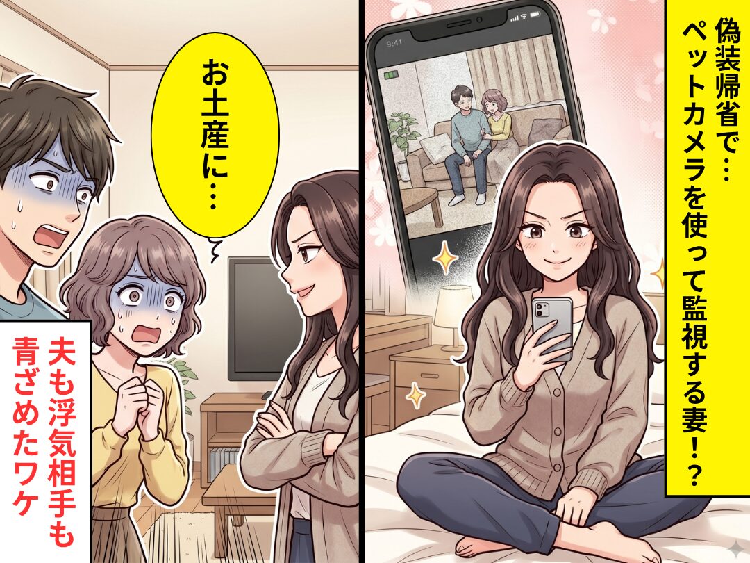 偽装帰省をした妻は…ペットカメラで自宅をチェック！？帰宅後、妻が贈った【お土産】で⇒夫も浮気相手も顔面蒼白！？