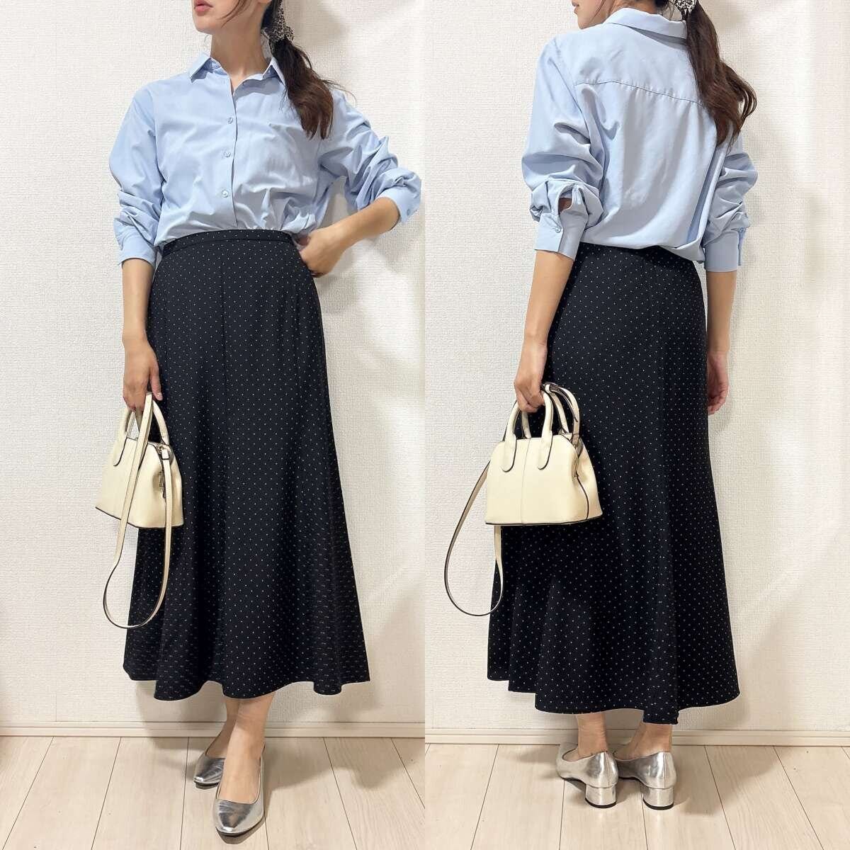 ユニクロのマーメイドマキシスカート×ブルーシャツのオフィスコーデ全身
