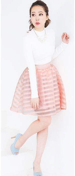 ウエストゴム☆シャドーボーダーオーガンジーフレアスカート「神戸レタス」2790円（税込）