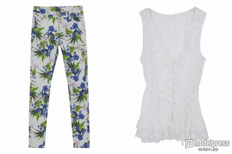 藤井リナコラボアイテム（左から）MURUA トロピカルフラワーパギンス、MURUA レースジレ