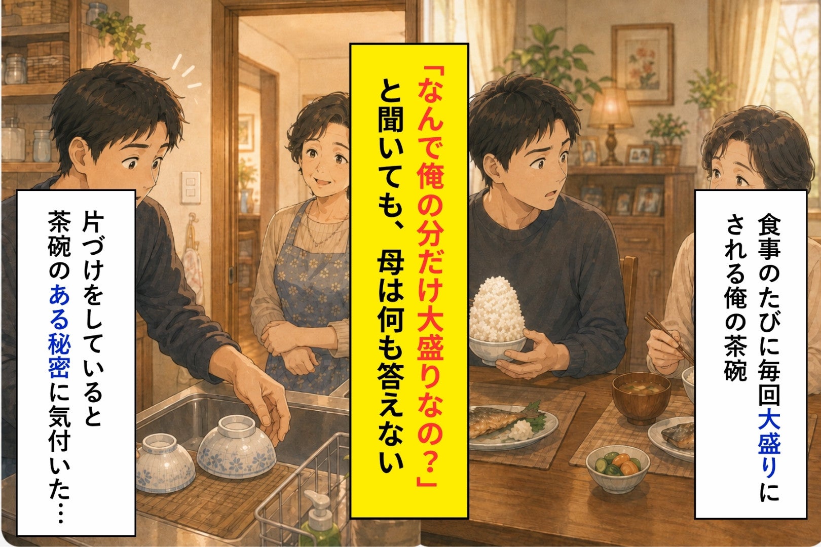 「なんで俺の分だけ大盛りなの？」母が３秒黙ってから笑った、あの日の食卓