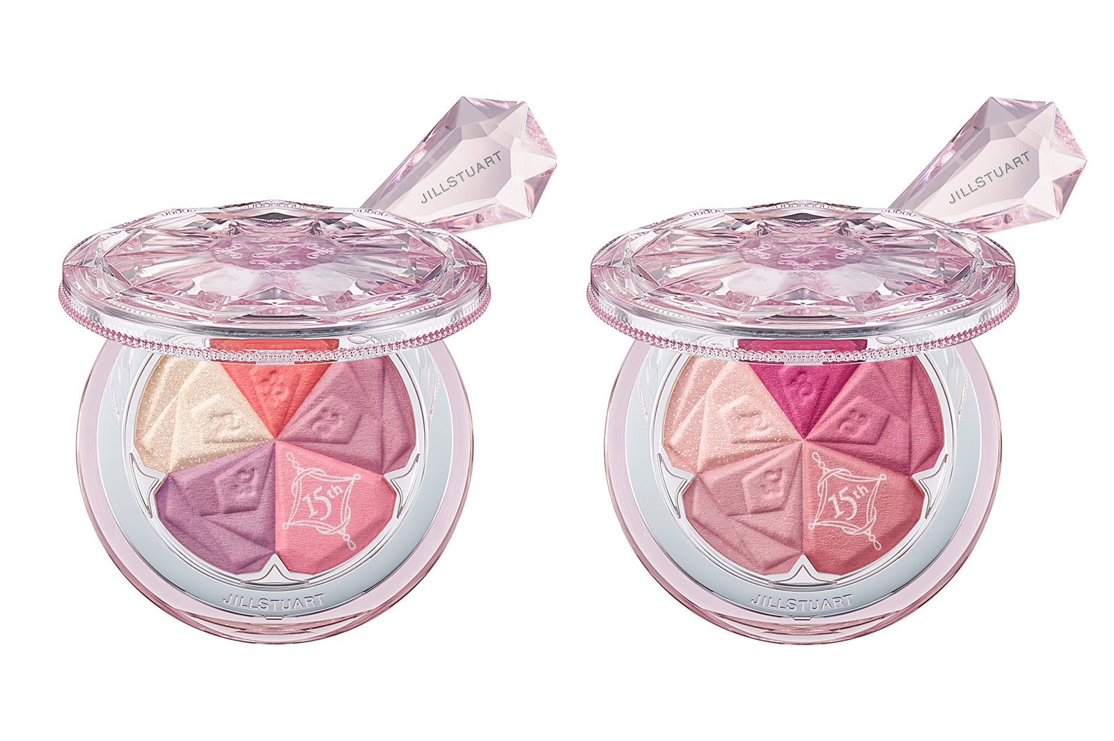 （左から）「ブルーム ミックスブラッシュ コンパクト 15th・08 twilight marigold」「同・09 morning magnolia」 （C）JILL STUART Beauty