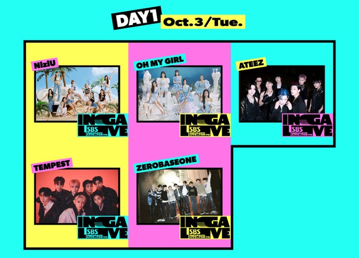 (上段左から)NiziU、OH MY GIRL、ATEEZ(下段左から)TEMPEST、ZEROBASEONE「SBS INKIGAYO LIVE in TOKYO」DAY1ラインナップ(提供写真)