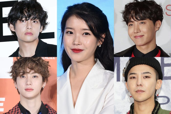 (中央)IU/Photo by Getty Images、(上段左から)V、J-HOPE/Photo by Getty Images、(下段左から)アントン(C)モデルプレス、G-DRAGON/Photo by Getty Images