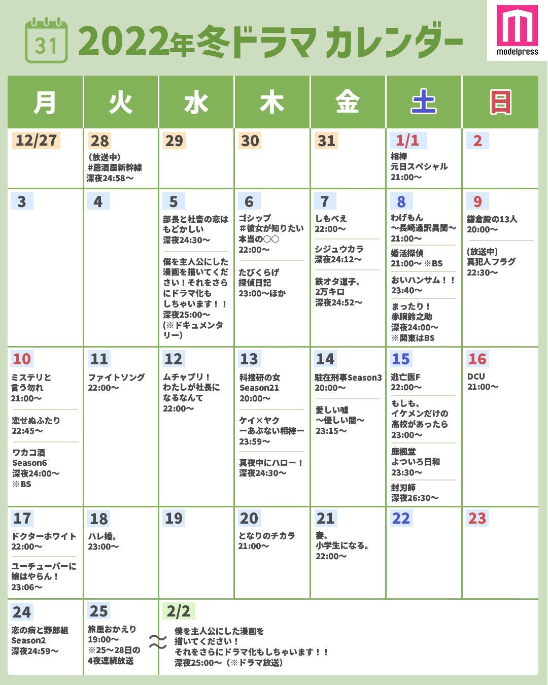 2022年冬ドラマカレンダー（C）モデルプレス