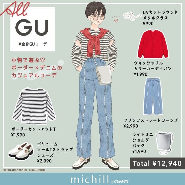 GU　ボーダー×デニム　差し色コーデ　こなれ見えカジュアル　asuka　全身コーデ