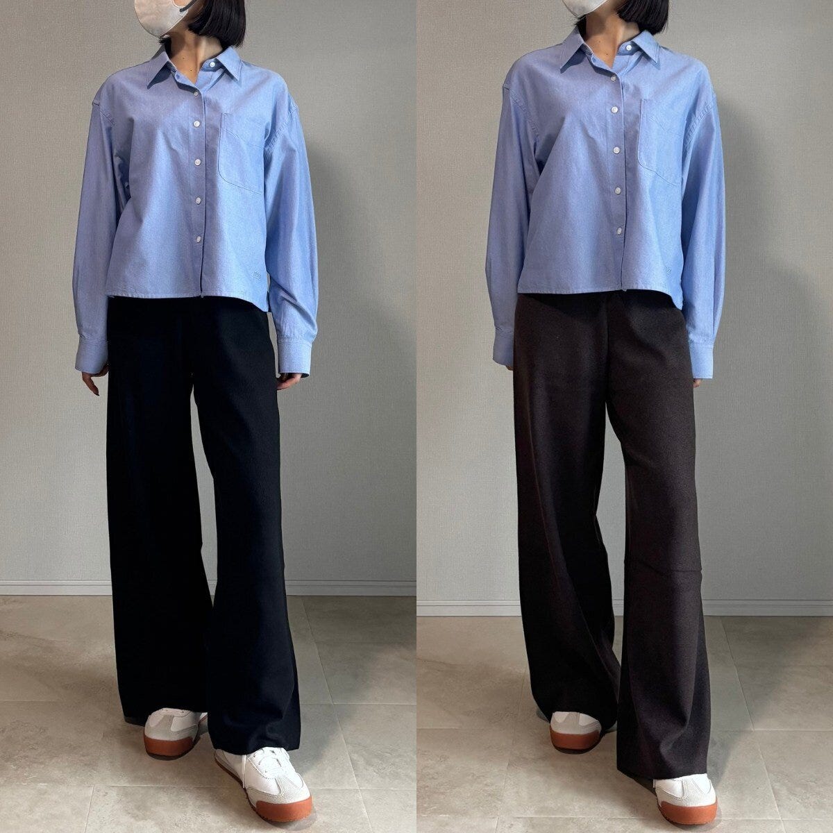 ブルーのショート丈シャツとブラックの標準丈、ダークブラウンの丈長めニットパンツを着用した女性