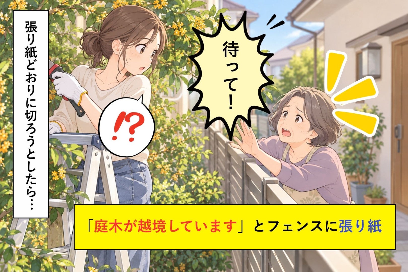 名前のない「庭木が越境しています」の張り紙。脚立にのぼった私に、飛び出してきた隣人の一言
